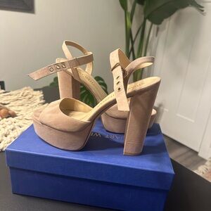 Stuart Weitzman Taliana 80 Adobe Beige Suede Block Heel Sandals size 9.5B (40)